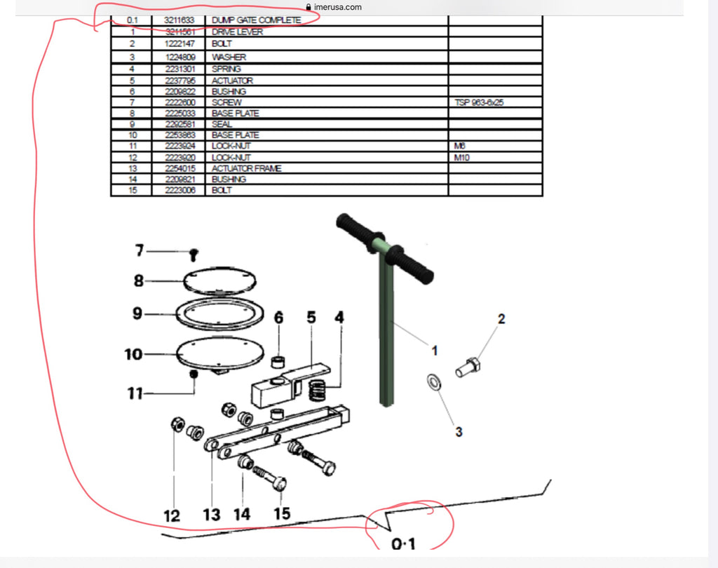 IMER MIX 750 Mixer, DUMP GATE Assembly, PN 2250748. #13 in schematic drawing