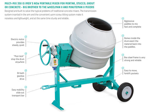 IMER Workman Wheelman and Minuteman Barrel Mixers for Concrete, Mortar, & Stucco
