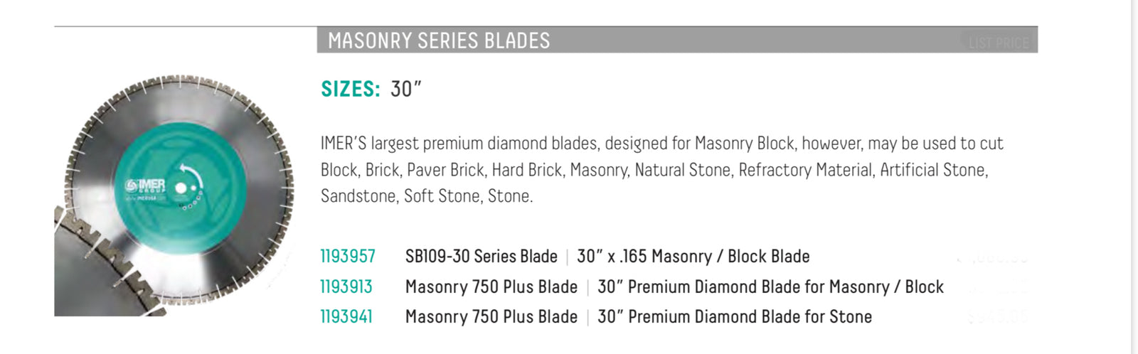IMER 30” SB 109-30 Series Premium Diamond Blade for Concrete Block